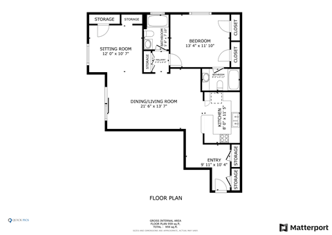 Floor plan for 1 bed, 2 baths, 840 sqft